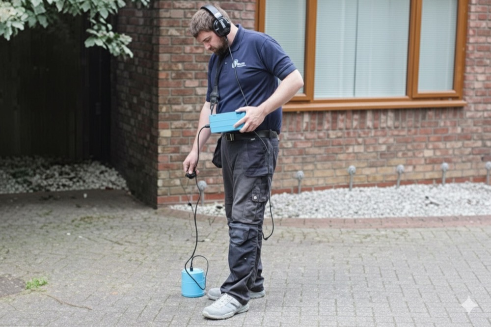 An ADI engineer wearing headphones and holding an acoustic listening unit, with a ground microphone placed on block paving