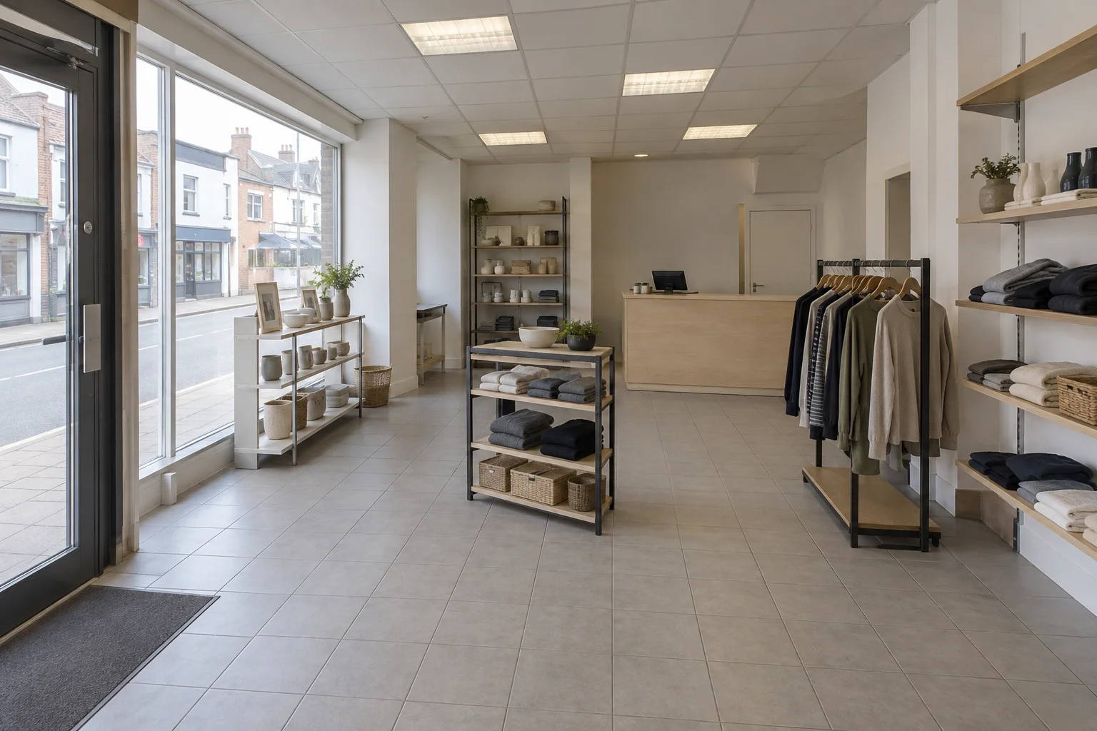 Illustration of an unoccupied retail unit with display shelves, clothing rails and a sales counter